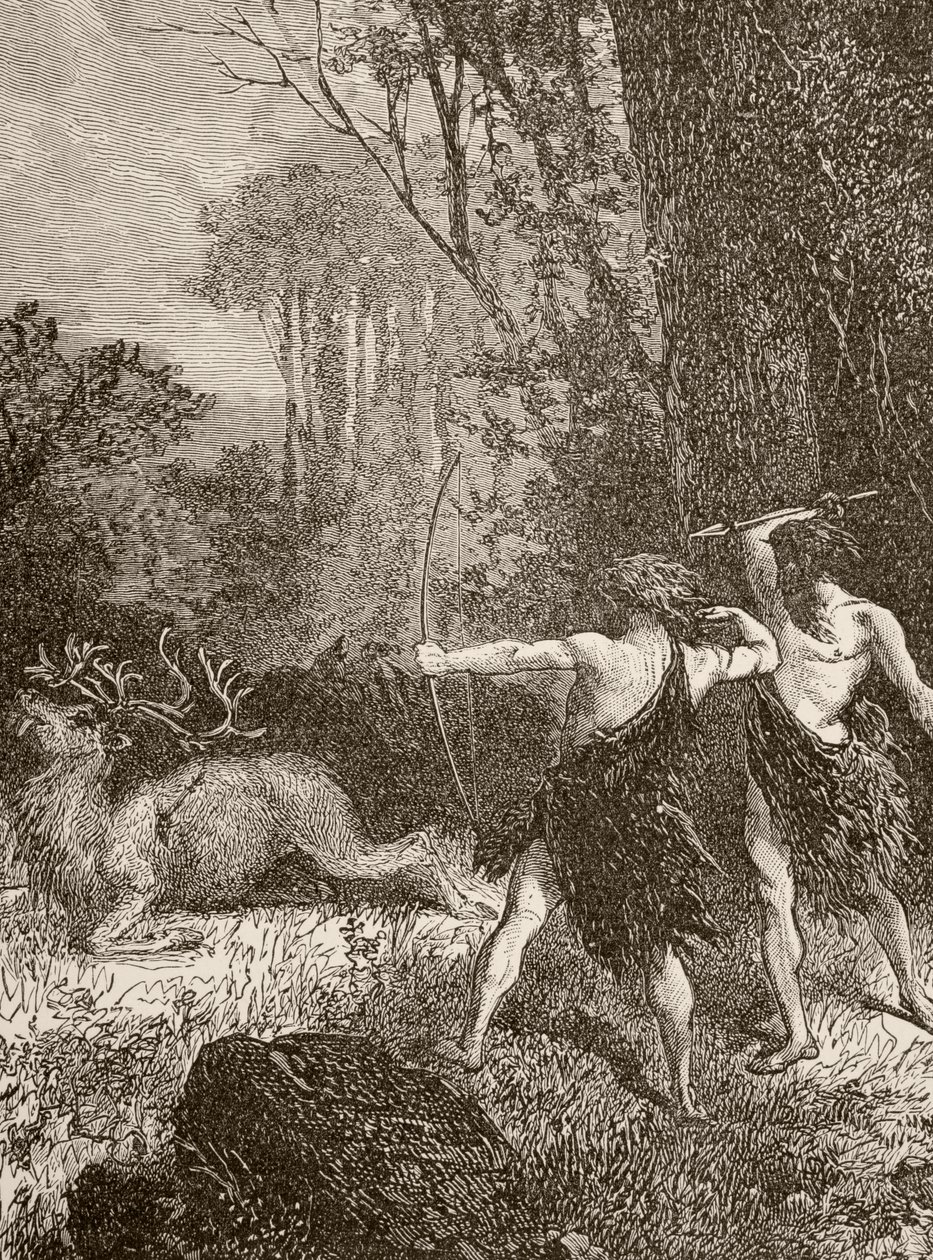Őskori ember íjjal, nyíllal és lándzsával vadászik alkotó: English School