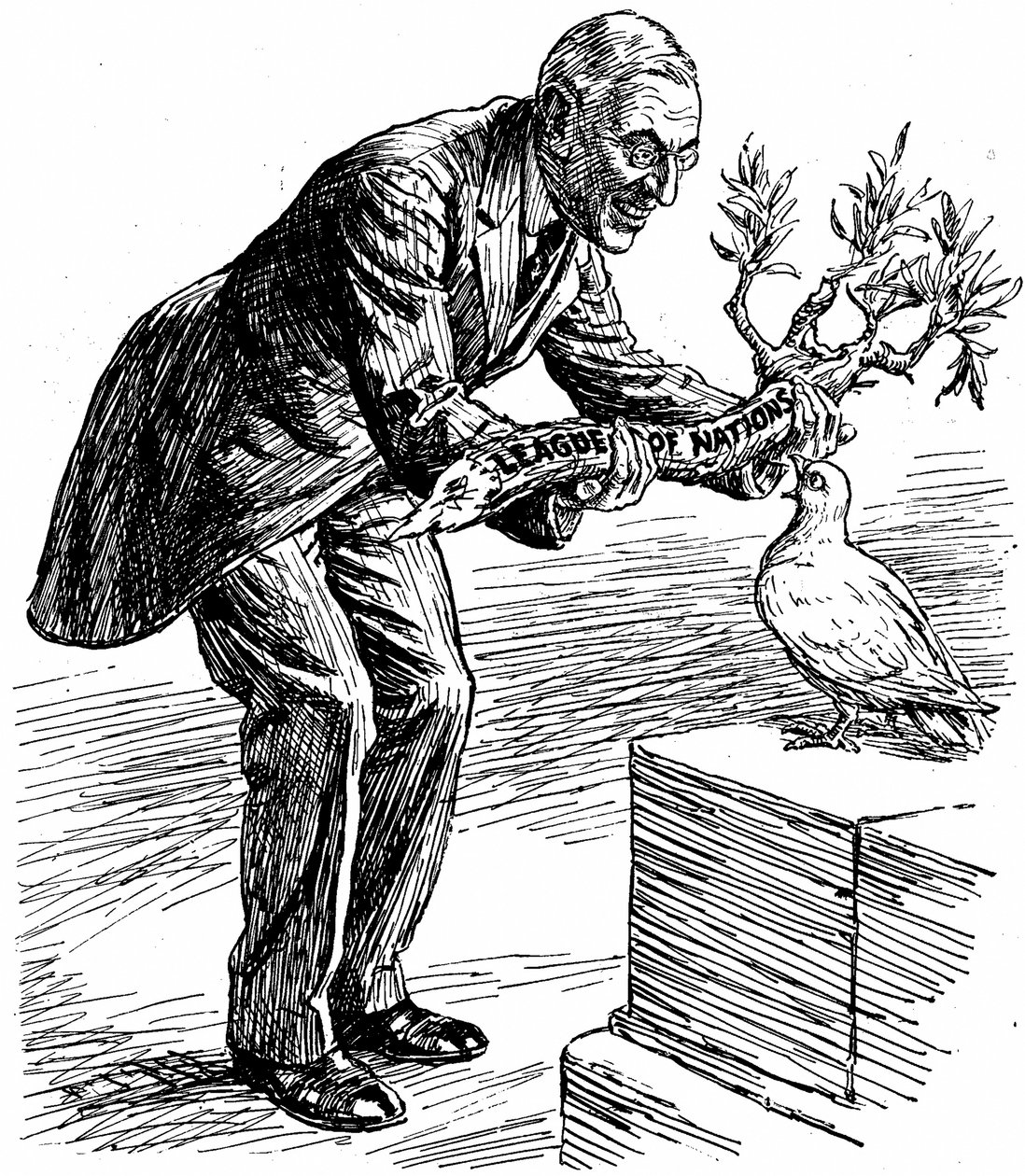 Wilson elnök átadja a béke galambjának a "Népszövetség" feliratú olajágat, a "Punch"-ból, London, 1919. március 26. (nyomtatás). alkotó: English School