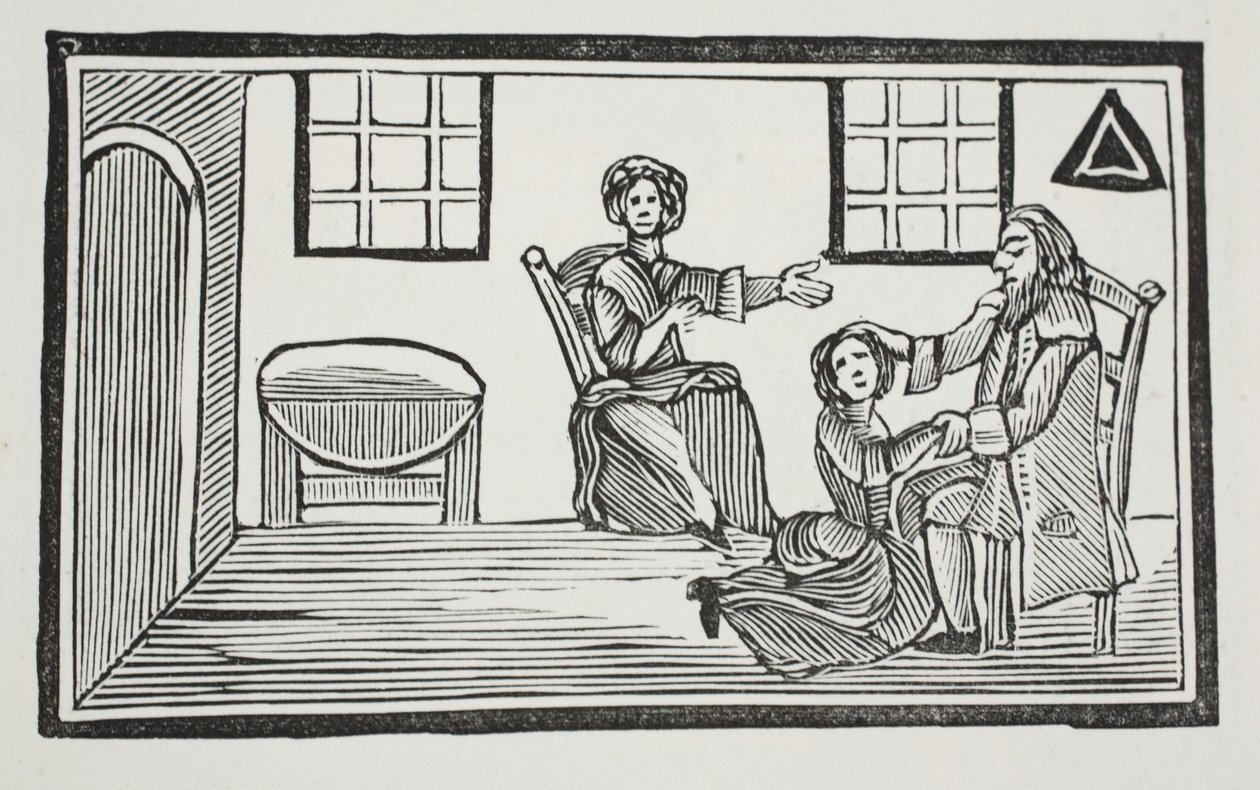 Csinos Bessie apja áldását kapja, amikor saját megélhetését keresi. Illusztráció a Chap-books of the Eighteenth Century-ből, John Ashton, kocsma. 1882 alkotó: English School