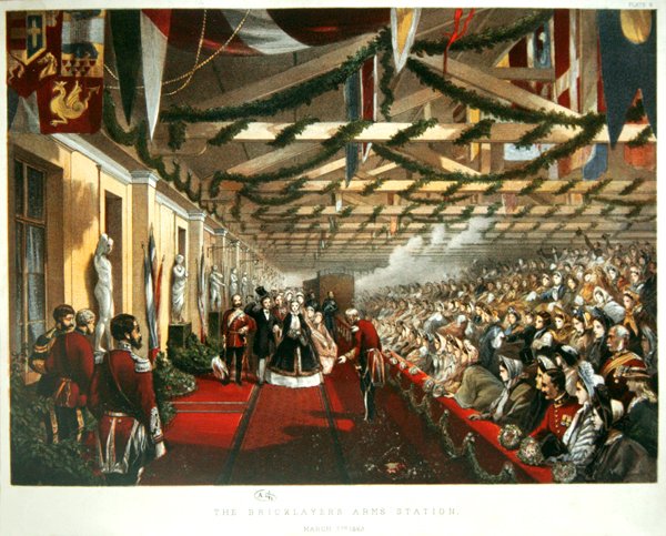 Alexandra dán hercegnő 1863. március 7-én érkezik Londonba a The Bricklayers Arms Station-re leendő férjével, a walesi herceggel. 1863 (színes litó) alkotó: English School
