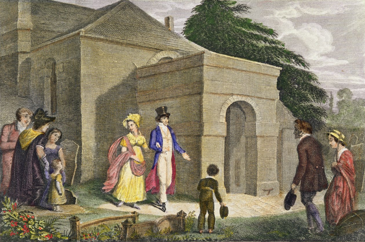 Charlotte Augusta walesi hercegnő (1796-1817) és Lipót szász-coburg-gothai herceg (1790-1865) az Esher-templomba mennek alkotó: English School