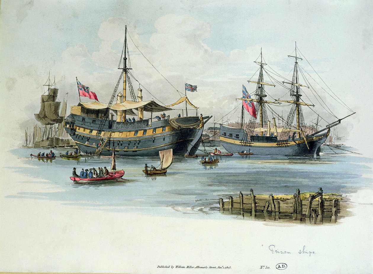 Börtönhajók, amelyeket a britek a napóleoni háborúk alatt francia foglyok elhelyezésére használtak, 1805 (színes metszet) alkotó: English School