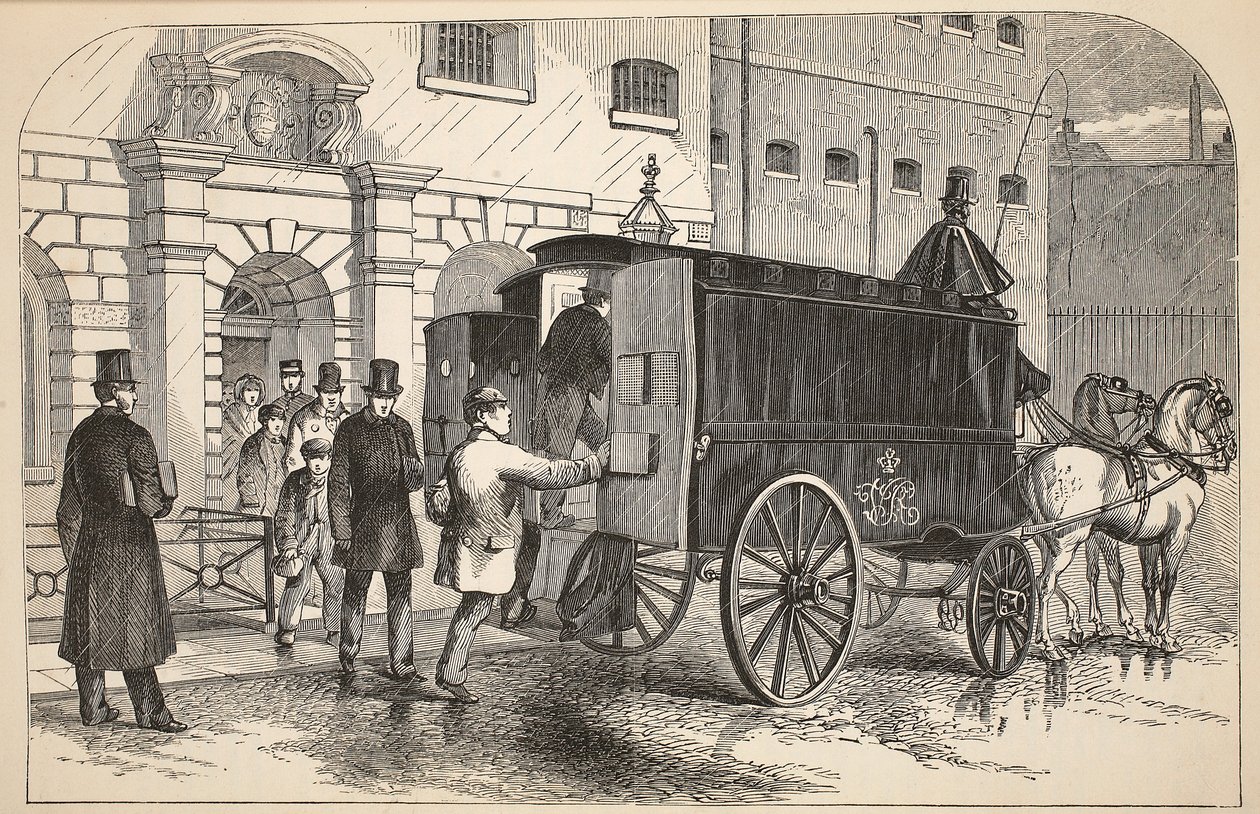 A börtönben foglyokat szedő furgon a fogolyházban, illusztráció a londoni bűnügyi börtönökből és Henry Mayhew és John Binny jelenetei a börtönéletből, kocsma. 1862 alkotó: English School