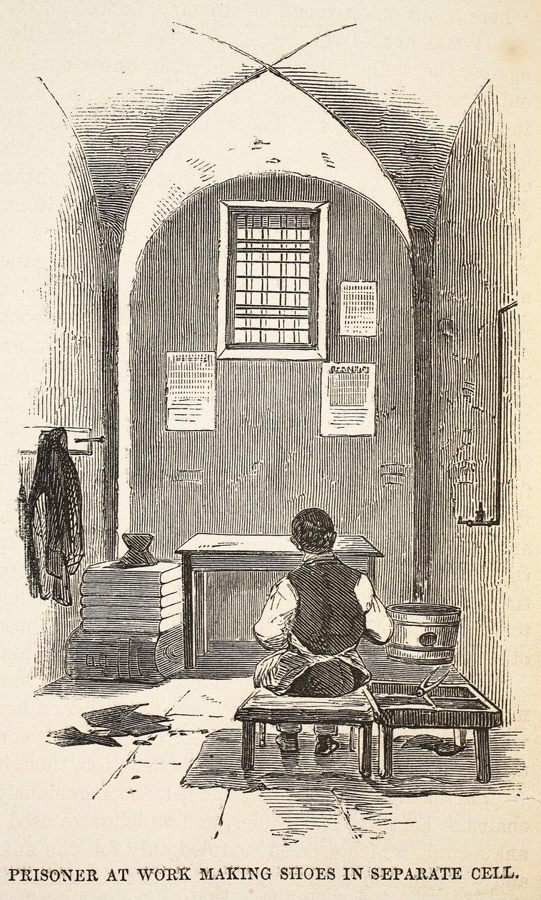 Munkahelyi fogoly cipőt készít külön cellában, illusztráció a londoni büntetőbörtönből és Henry Mayhew és John Binny jelenetei a börtönéletből, kocsma. 1862 alkotó: English School