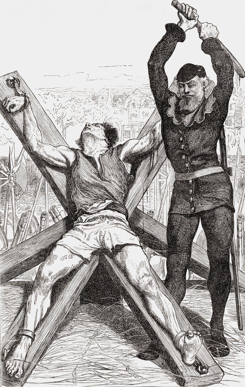 Egy rabot kínoznak a St. Andrews Crosson, 1865 körül (fametszet) alkotó: English School