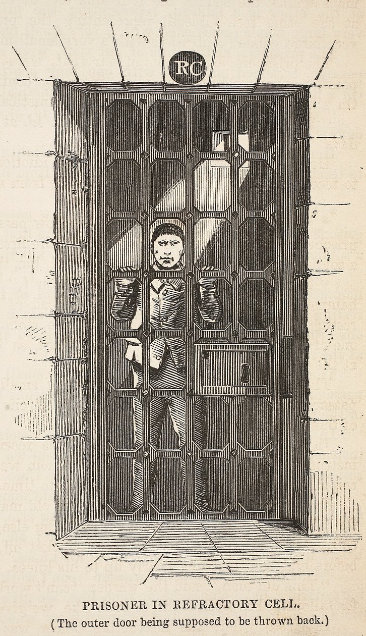 Fogoly a tűzálló cellában (a külső ajtót állítólag vissza kell dobni), illusztráció a londoni büntetőbörtönből, valamint Henry Mayhew és John Binny jelenetek a börtönéletből, kocsma. 1862 (pl alkotó: English School