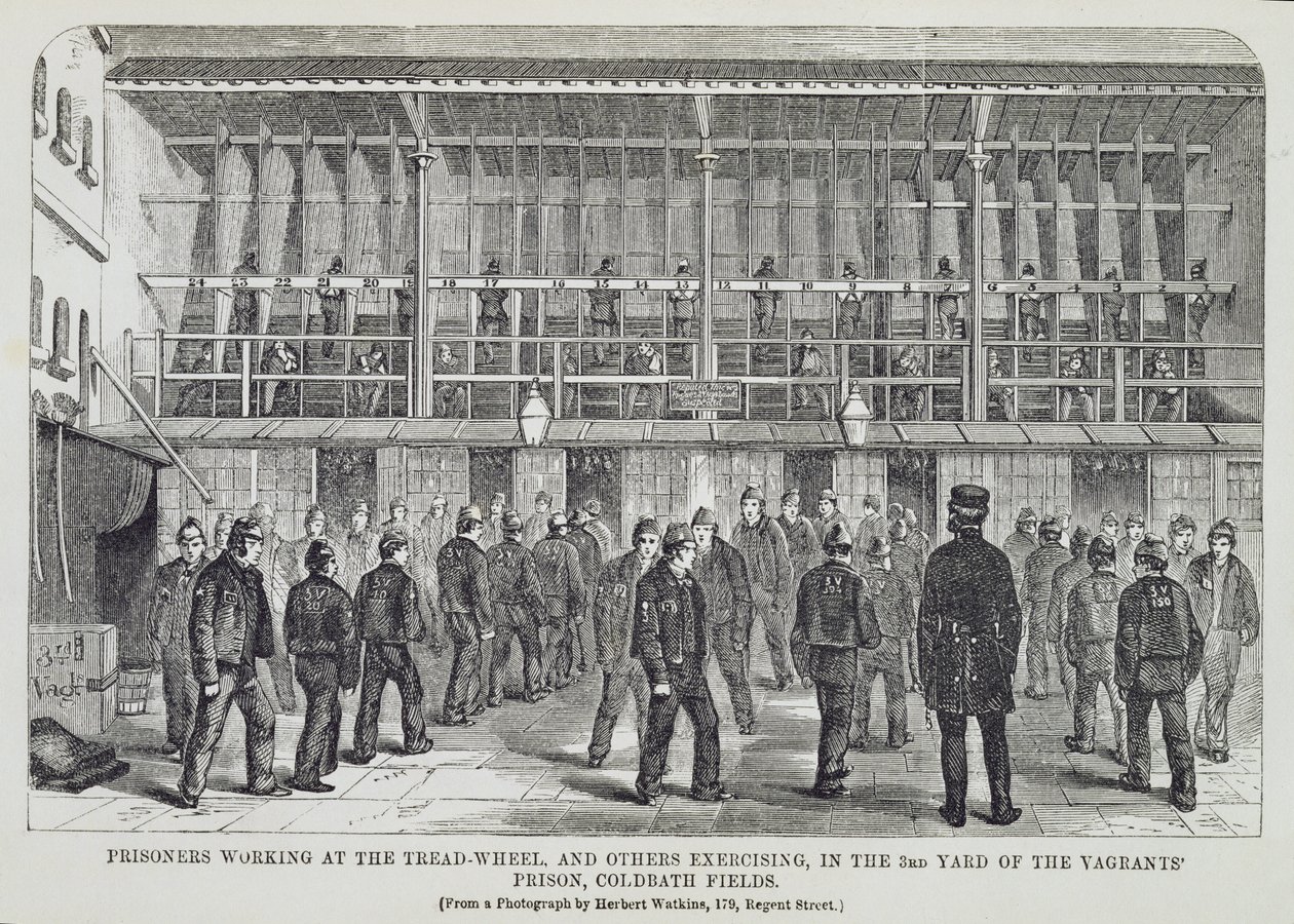 A futókeréknél dolgozó rabok és mások, akik a Vagrants börtön 3. udvarában edzenek, Coldbath Fieldsben a The Criminal Prisons of London és a börtönélet jeleneteiből, Henry Mayhew (1812-) alkotó: English School