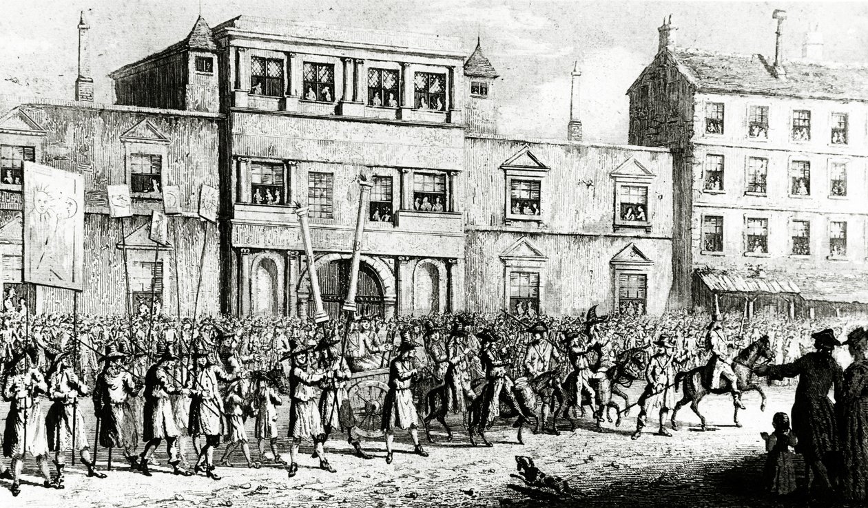 A szabadkőműveseket gúnyoló 1741-es londoni körmenet, 1843 alkotó: English School