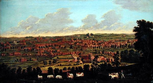 Egy város kilátása, szarvasmarhákkal és pásztorokkal az előtérben (panelra fektetett vászon) alkotó: English School