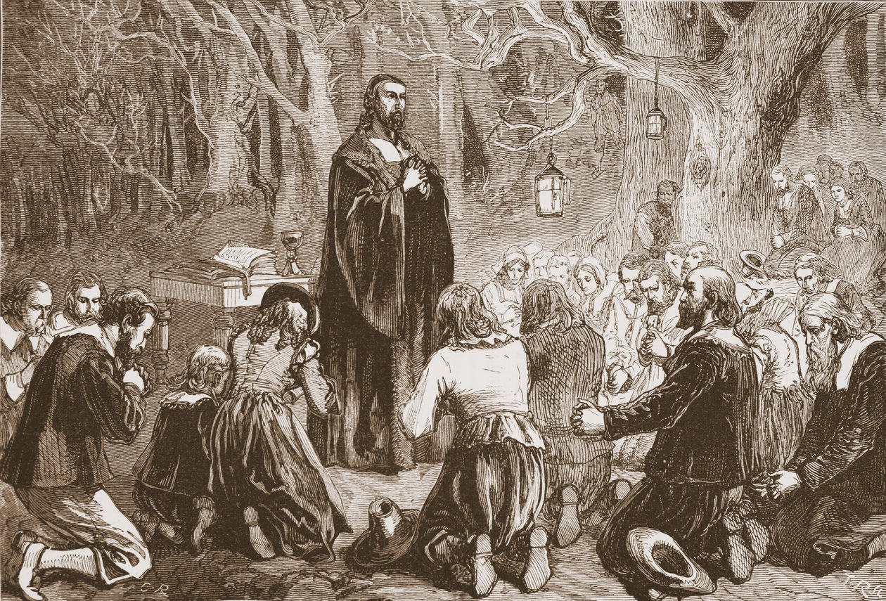 Protestáns istentisztelet éjszaka a sivatagi templomban, illusztrációja James Aitken Wylie (1808-1890) A protestantizmus történetéből, pub. 1878 alkotó: English School