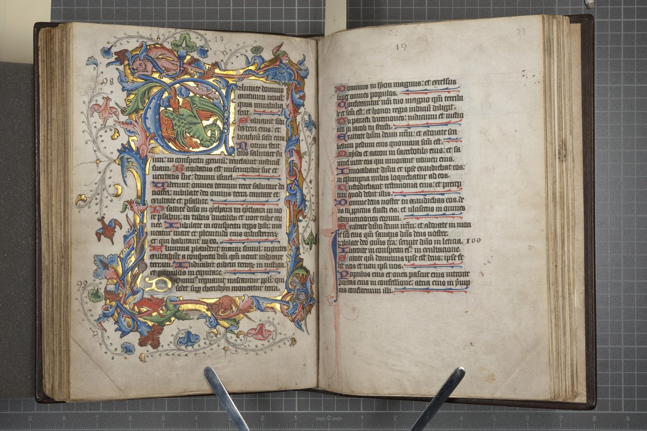 Zsoltáros sarum használatú naptár, Fol 72 verso fol 73 recto, c.1425-75 (tinta, festék és arany pergamen) alkotó: English School