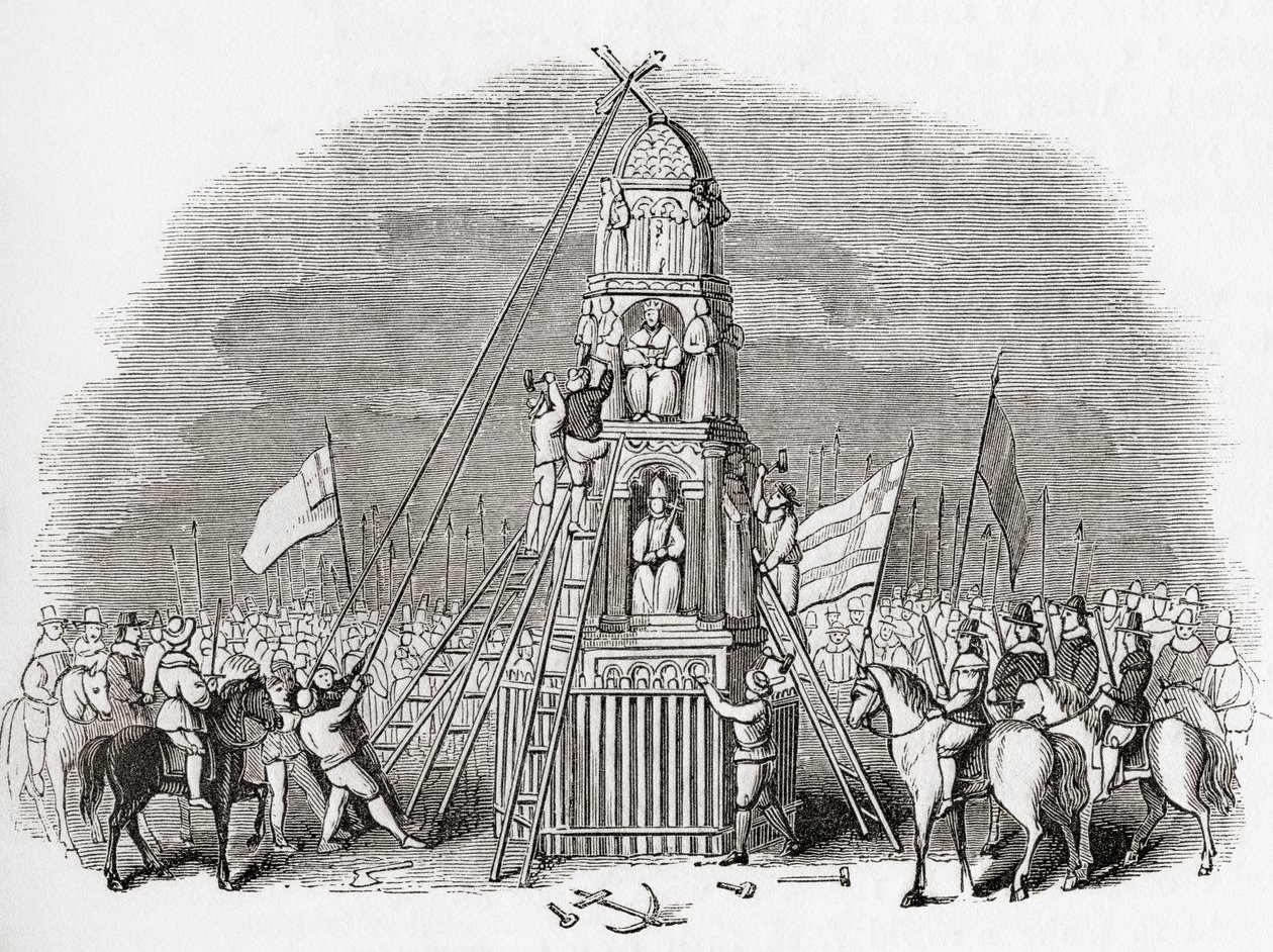 A puritánok 1643-ban lerombolják a Cheapside keresztet, más néven Eleanor keresztet Londonban, Angliában, a régi Angliából: A Pictorial Museum, pub. 1847 alkotó: English School