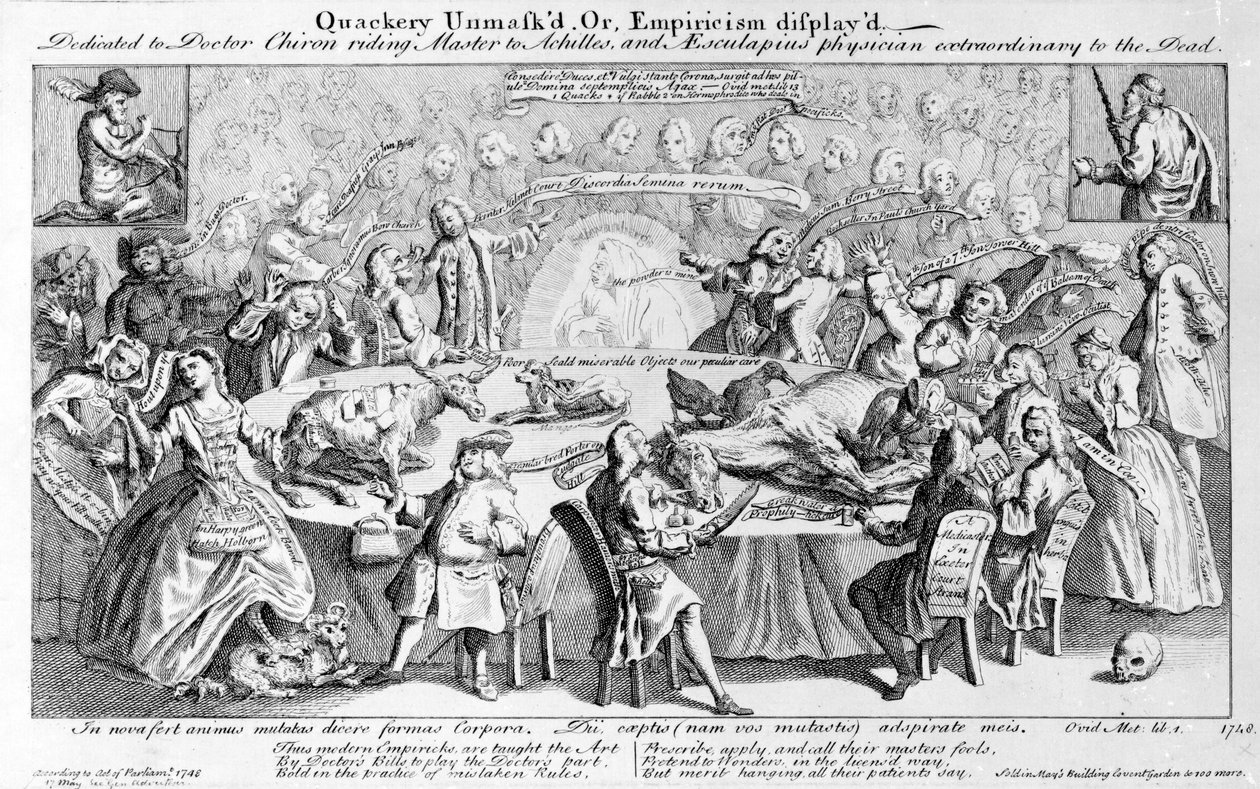 Lelepleződött falkás vagy empirizmus: Chiron doktornak, Akhilleusz lovasmesterének és Aesculapiusnak, a halottak rendkívüli orvosának szentelve, 1748 alkotó: English School