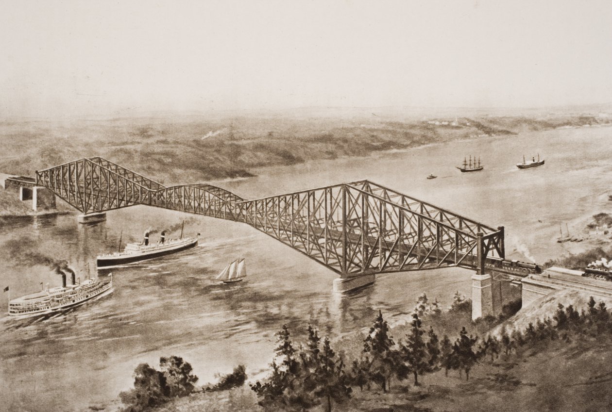 Quebec Bridge a St. Lawrence folyón, Kanada, illusztráció H.G. Wells „The Outline of History” II. kötetéből, 1920-ban megjelent alkotó: English School