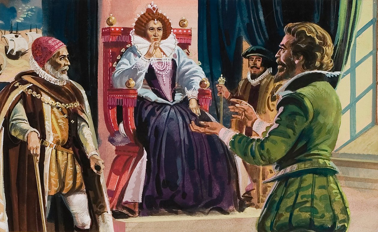 I. Erzsébet királynő (1533-1603) és Sir Francis Drake (1540-96) (gouache, papír) alkotó: English School