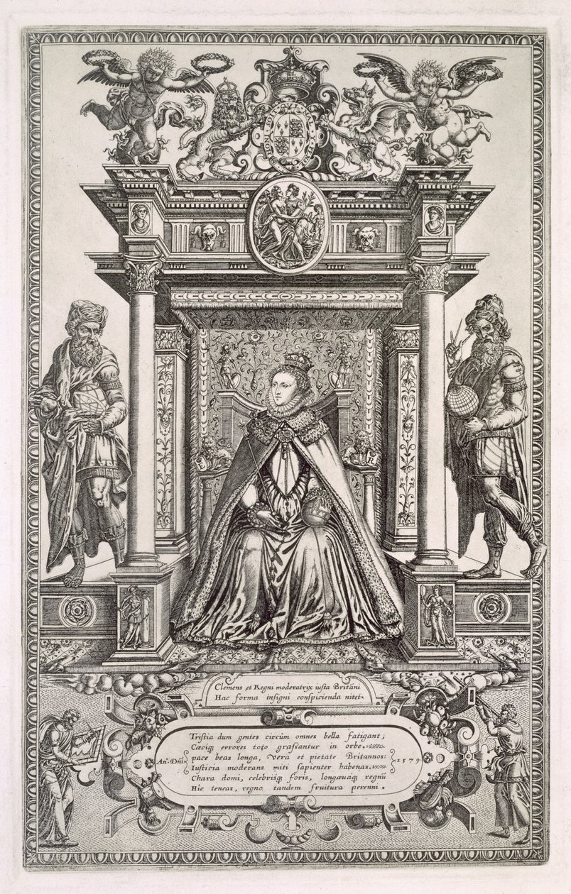 I. Erzsébet királynő (1533-1603) a földrajz és a csillagászat patrónusa, az 1579-es angol szász térképek könyvének előlapja alkotó: English School