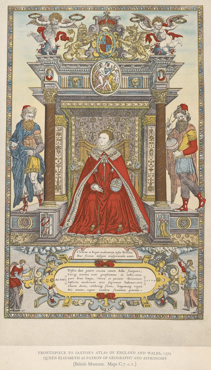 Erzsébet királynő a földrajz és a csillagászat mecénása. Saxton 1579-es Anglia-Wales atlaszának előlapja (színes litó) alkotó: English School