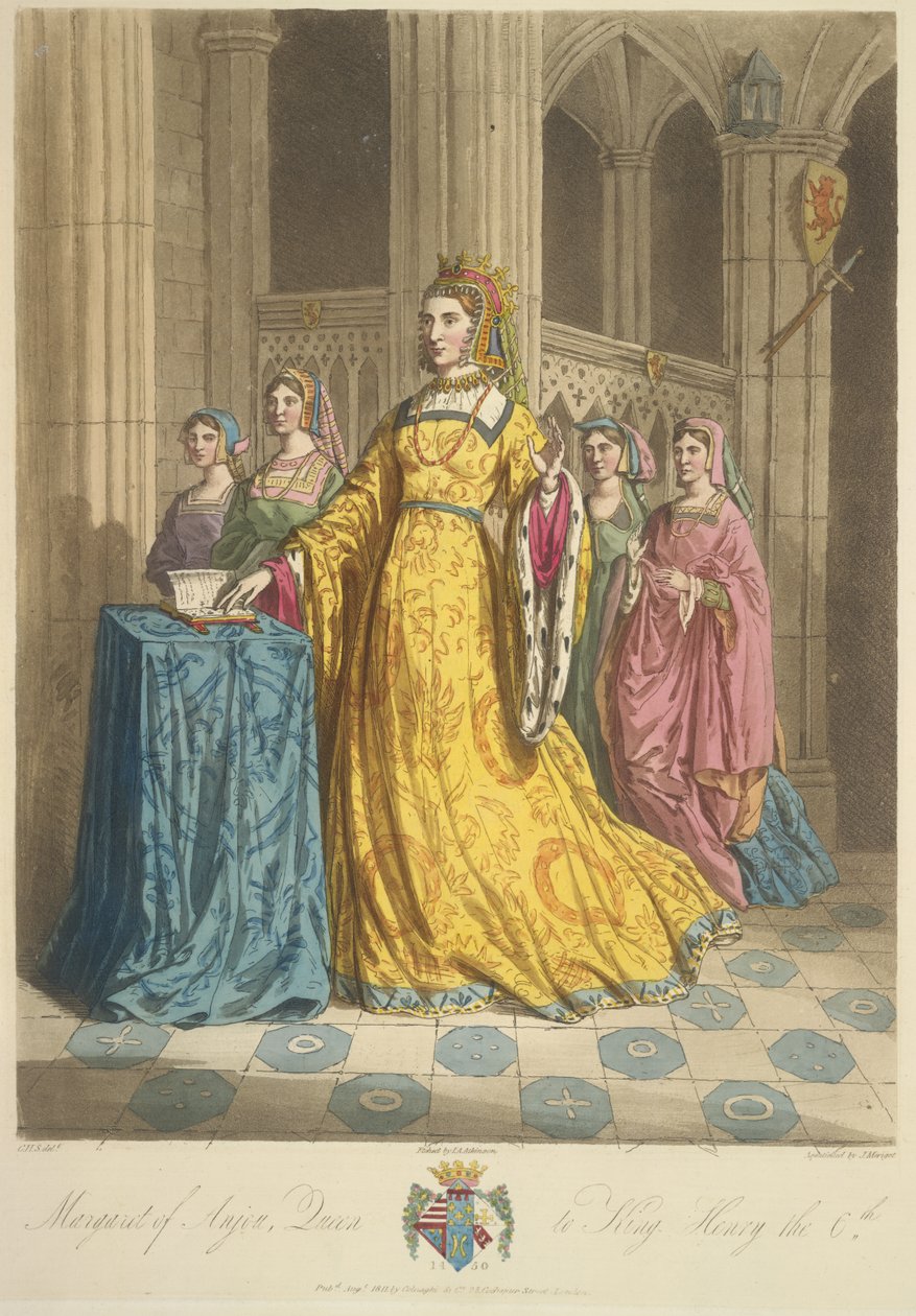 Anjou Margit királynő, illusztráció a "Brit-szigetek eredeti lakóinak jelmeze..." című művéből, Sir Samuel Rush Meyrick alkotó: English School