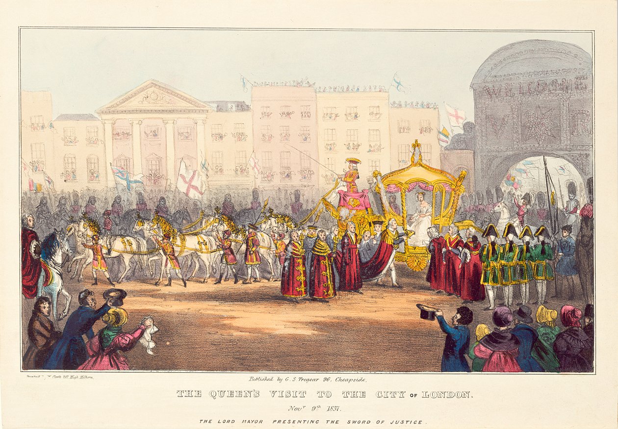 Viktória királynő belép London városába a Temple Barban, G. Tregear metszetével, 1837 alkotó: English School