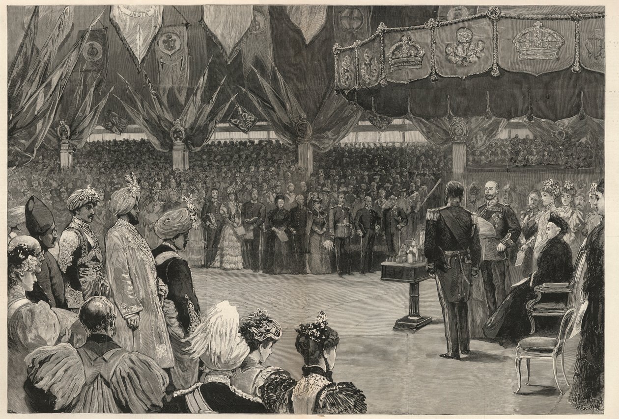 Viktória királynő megnyitja az Egyesült Királyság, a gyarmatok és az indiai Birodalmi Intézetet Londonban, 1893 májusában. alkotó: English School