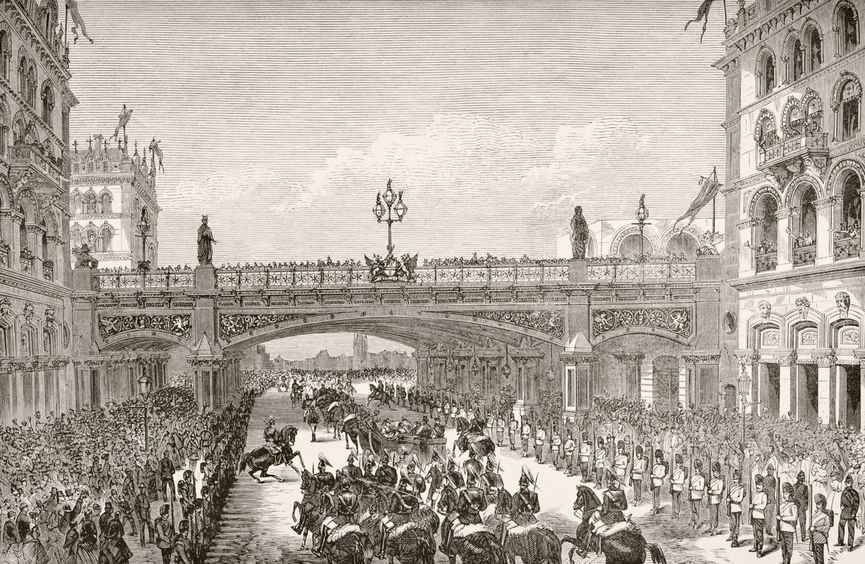 A viktoriánus királynő 1869-ben megnyitott Holborn viaduktja, William Hickman Smith Aubrey (1858-1916) „Anglia nemzeti és hazai története” című könyvéből, London, 1890 körül. alkotó: English School