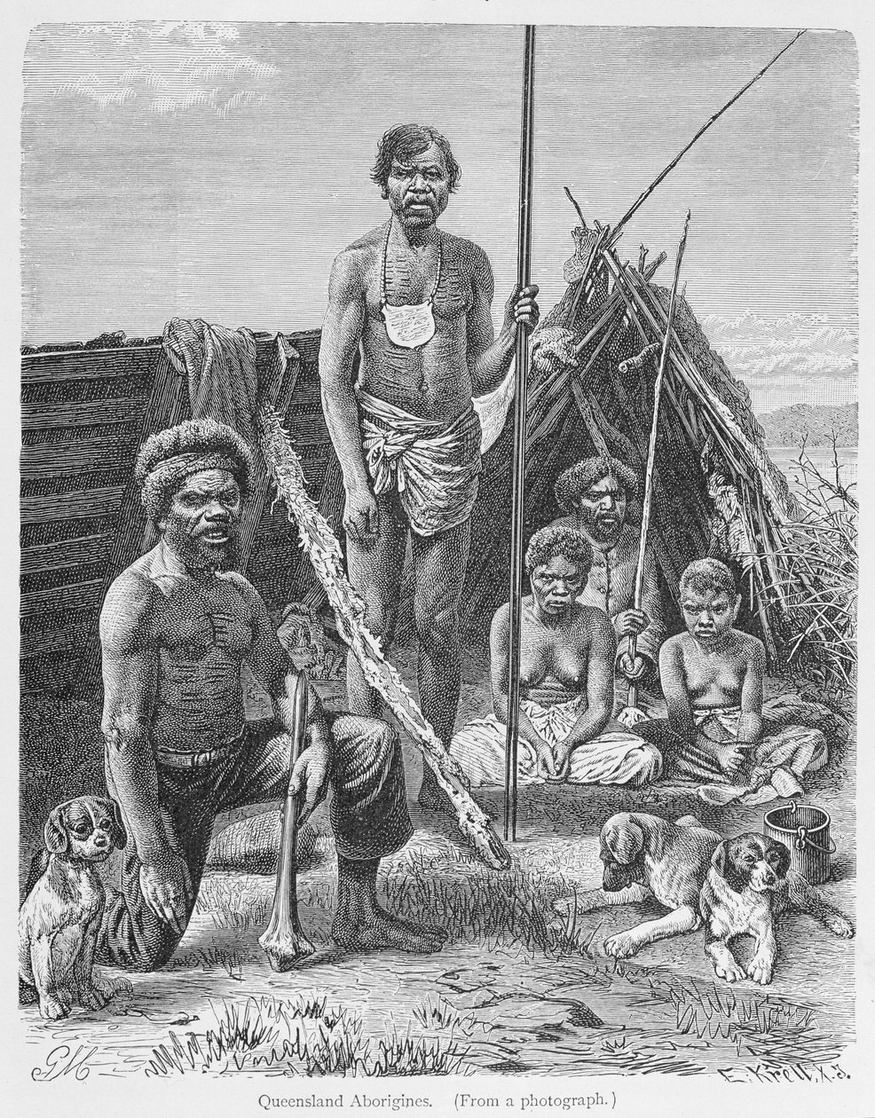 Queensland bennszülöttek, E. Krell fényképéből vésve, a „The History of Mankind” 1. kötetéből, Prof. Friedrich Ratzel, 1896 (metszet) alkotó: English School