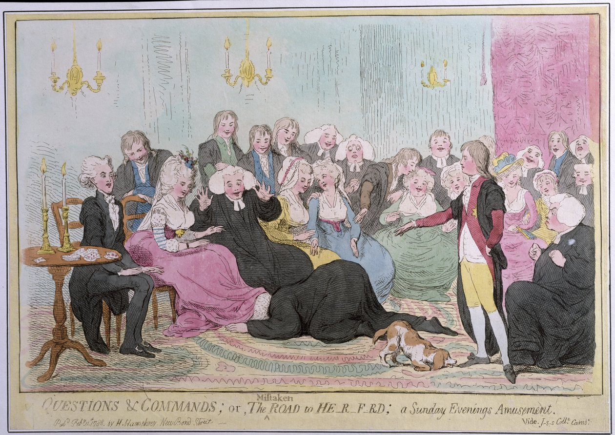 Kérdések és parancsok, avagy The Mistaken Road to H-r-f-rd: a Sunday Evenings Amusement, Hannah Humphrey 1788-ban (kézzel színezett rézkarc) alkotó: English School