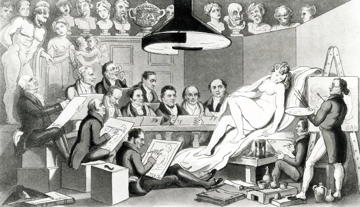 Az R. A.s of Genius a szépség valódi irányzatáról elmélkedik a Life Academy Somerset House-ban, kiadó: Sherwood, Jones & Co., 1824 alkotó: English School