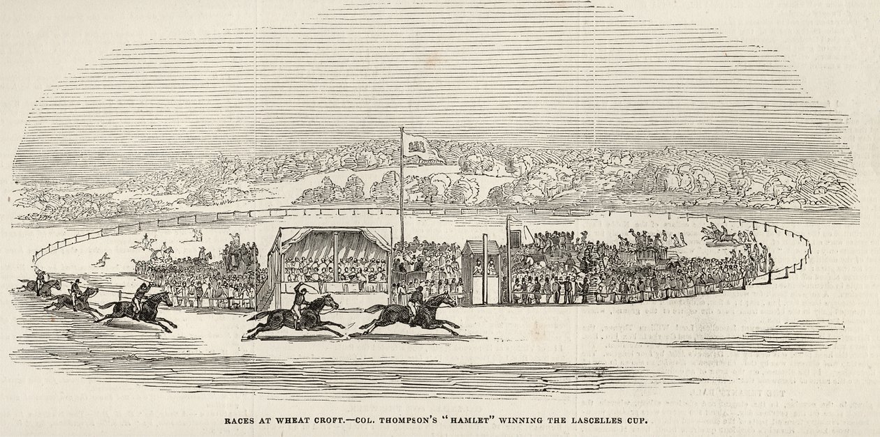 Versenyek Wheat Croftban: Thompson ezredes „Hamletje” megnyerte a Lascelles Kupát, a „The Illustrated London News”-ból, 1845. november 15. alkotó: English School