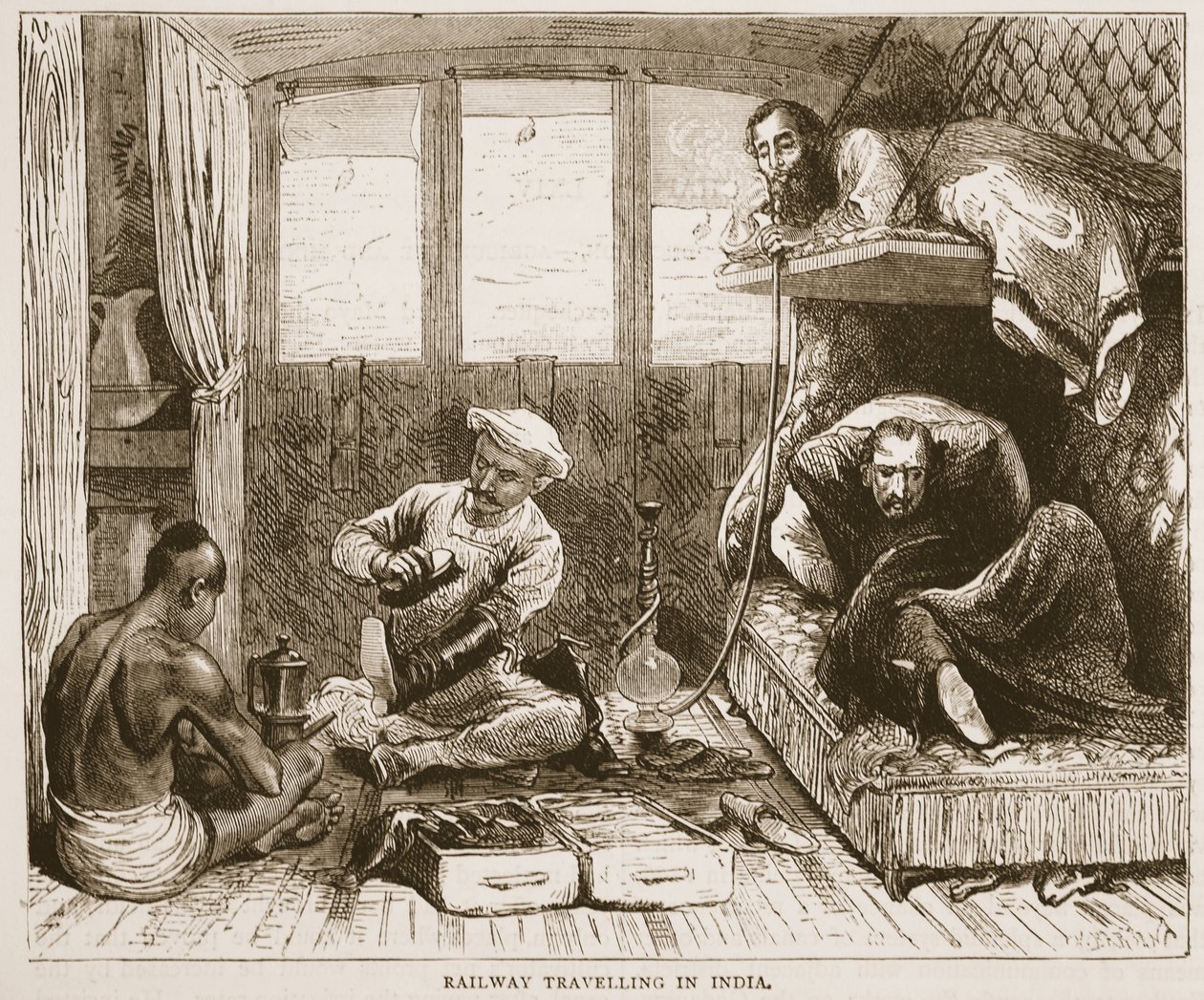 Vasúti utazás Indiában, illusztráció a Cassells Illustrated History of Englandből alkotó: English School