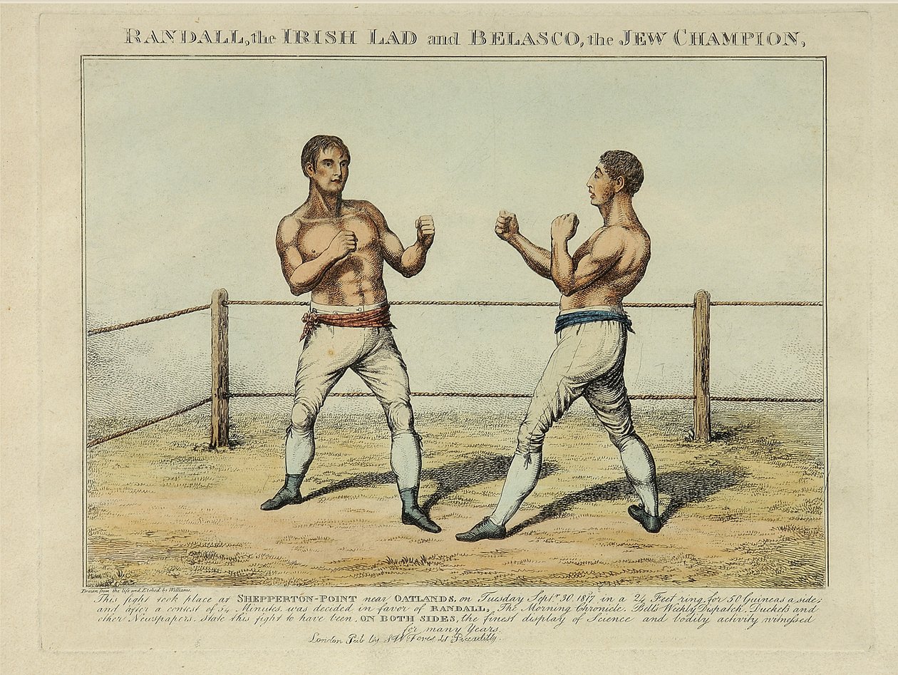 Randall, az ír legény és Belasco, a zsidó bajnok, Williams metszete (színes rézkarc) alkotó: English School