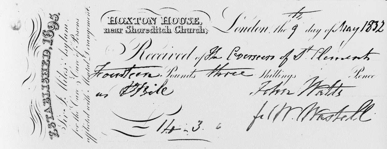 Sir Jonathan Miles 1832-es Hoxton House-i menedékháza által kapott fizetési nyugta (tinta nyomtatott papíron) alkotó: English School