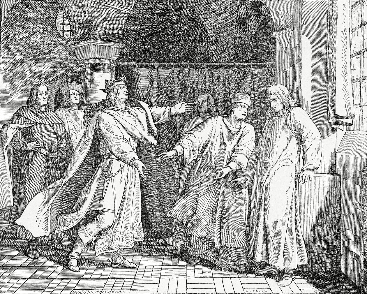 IV. Lajos, a rómaiak királyának kibékülése Szép Frigyes német királlyal 1325-ben, 1882-ben alkotó: English School