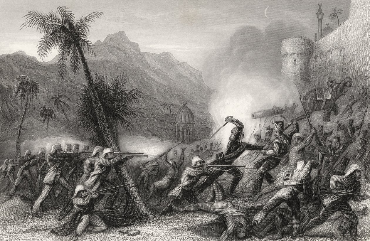 Egy bevetés visszaszorítása Delhi előtt az 1858-ban megjelent „The History of the Indian Mutiny” c. alkotó: English School