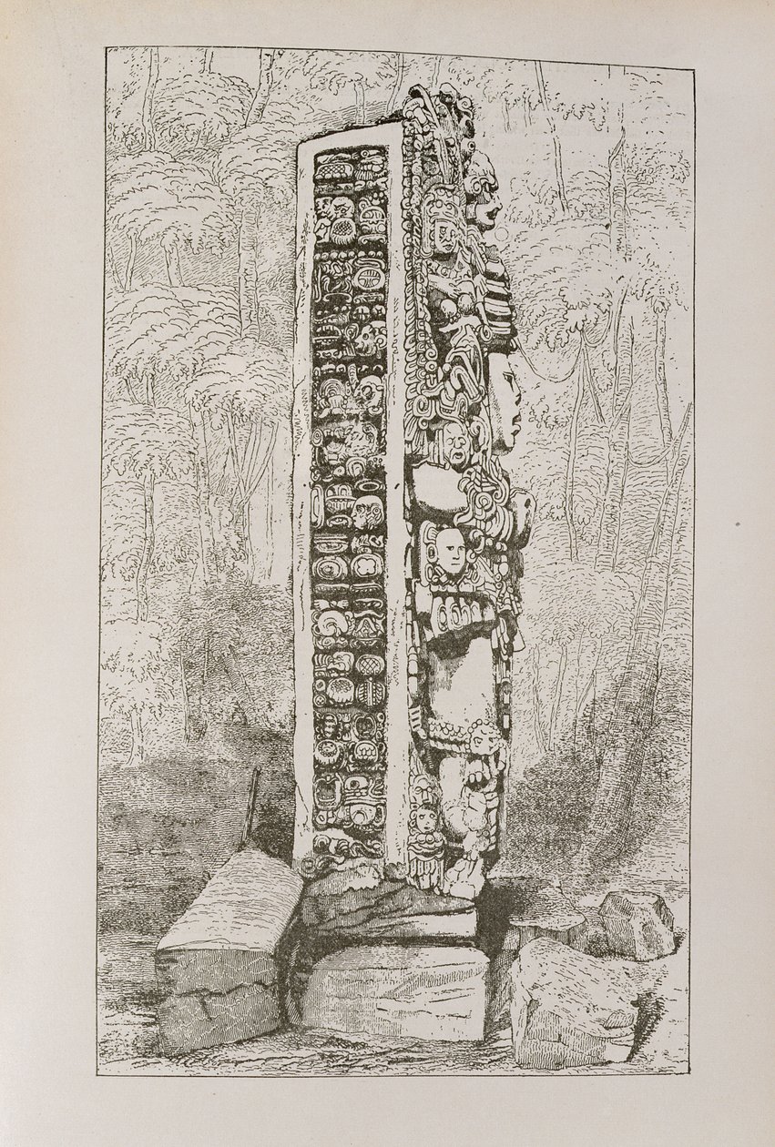 Maja hieroglifák ábrázolása egy sztélén, az „Amerika narratív és kritikai története”, pub. 1889-ben alkotó: English School