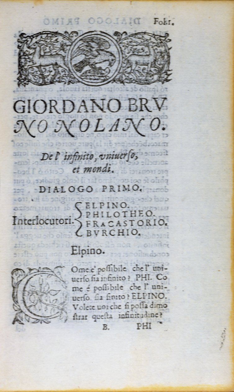 Res 28610 Giordano Bruno De lInfinito Universo et Mondi első oldala, Londonban, 1584 (nyomtatott papír) alkotó: English School