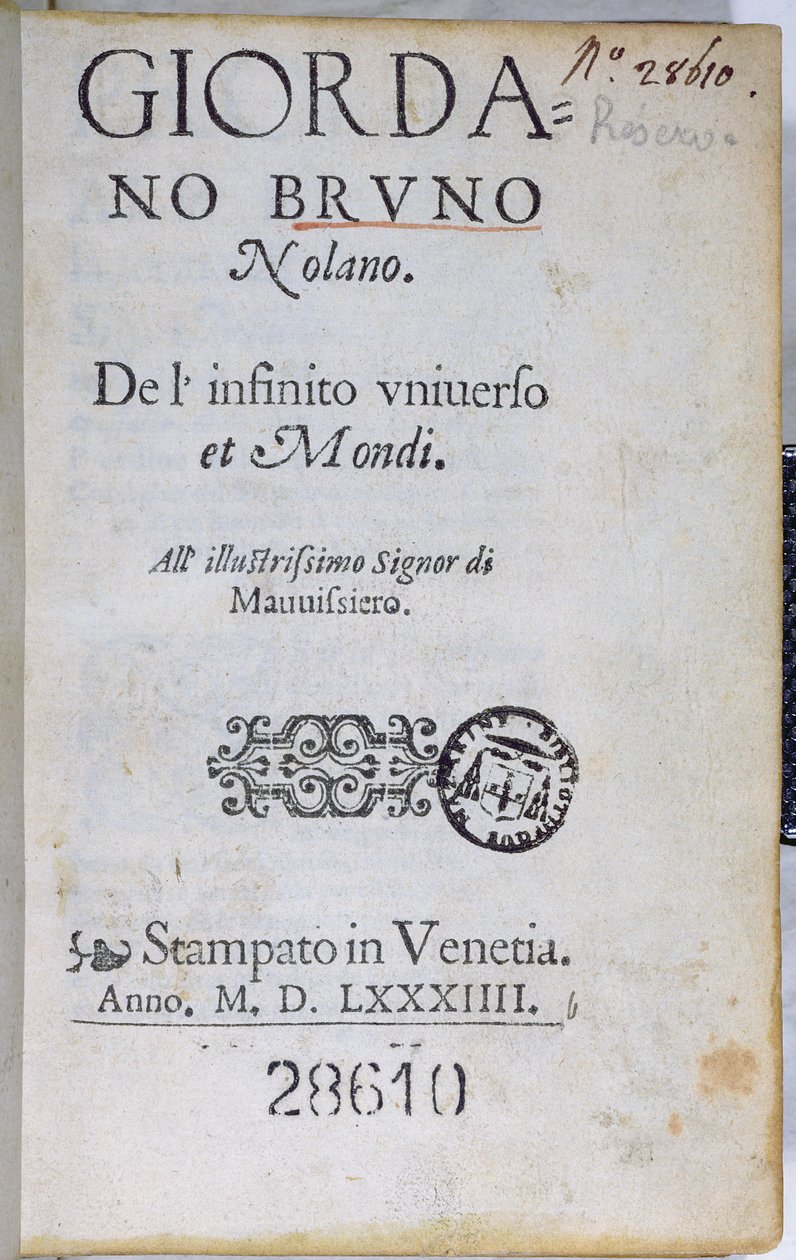 Res 28610 A De lInfinito Universo et Mondi címlapja, Giordano Bruno, kiadta Londonban, 1584 (nyomtatott papír) alkotó: English School