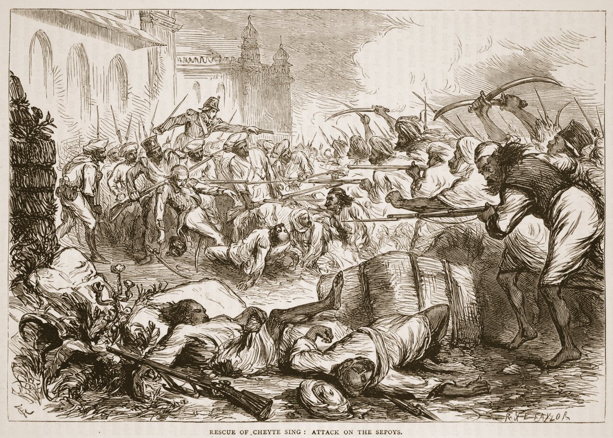 Cheyte Sing megmentése: támadás a sepoyok ellen, illusztráció a Cassells Illustrated History of India című könyvéből, James Grant, pub. 1879 alkotó: English School
