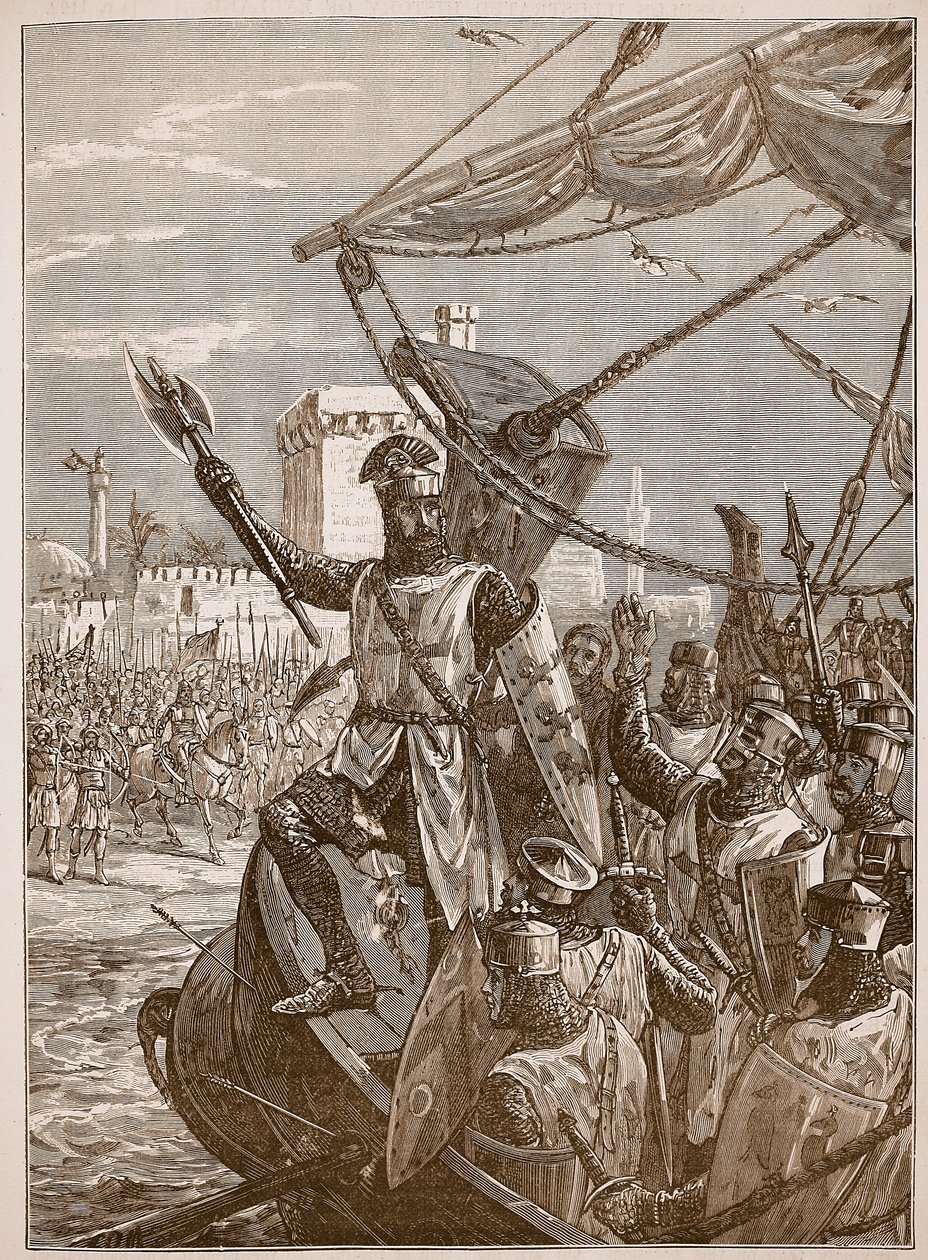 Richard leszállás Jaffában, illusztráció a Cassells Illustrated History of Englandből (szépia fotó) alkotó: English School