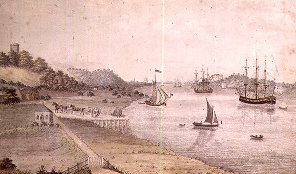 Folyói táj hajózás és a Dover Coach, 1800 körül (toll és mosás) (72977 pár) alkotó: English School