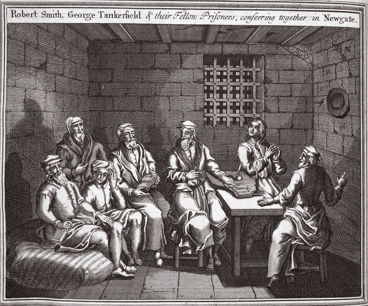 Robert Smith, George Tankerfield és rabtársaik együtt tanácskoznak Newgate-ben, illusztráció a Foxes Martyrs c.1703-ból alkotó: English School