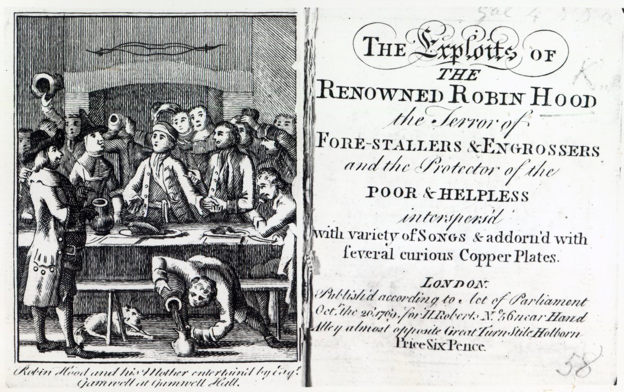 Robin Hood és édesanyja Esq Gamnell szórakoztatta a Gamnell Hallban, az 1769-ben megjelent „A híres Robin Hood hőstettei” előlapja (nyomtatott) alkotó: English School