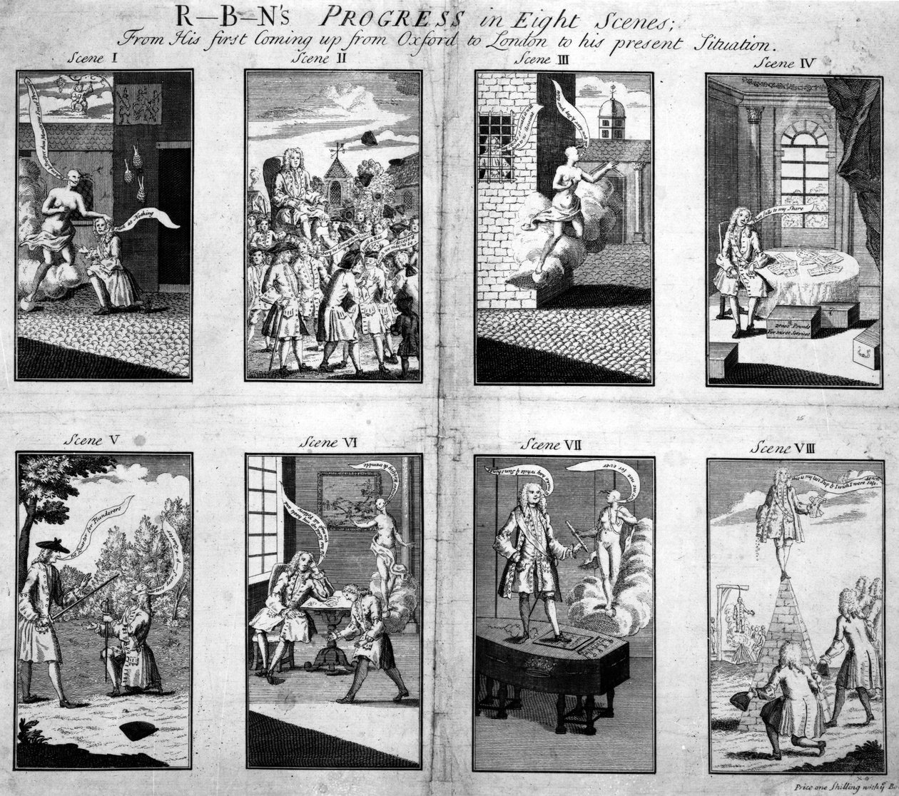 Robins nyolc jelenetben halad előre, az első Oxfordból Londonba való feljutástól a jelenlegi helyzetig, 1733-ig alkotó: English School