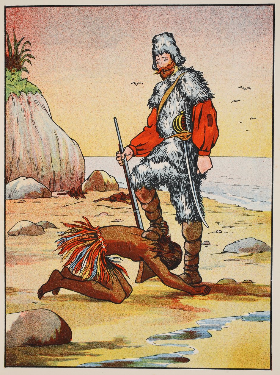 Robinson Crusoe és péntek, illusztráció a The Story of Robinson Crusoe-ból: Adaptáció gyerekeknek Defoes nyelvezetét követve, pub. Griffith Farran Browne & Co. Limited, London alkotó: English School
