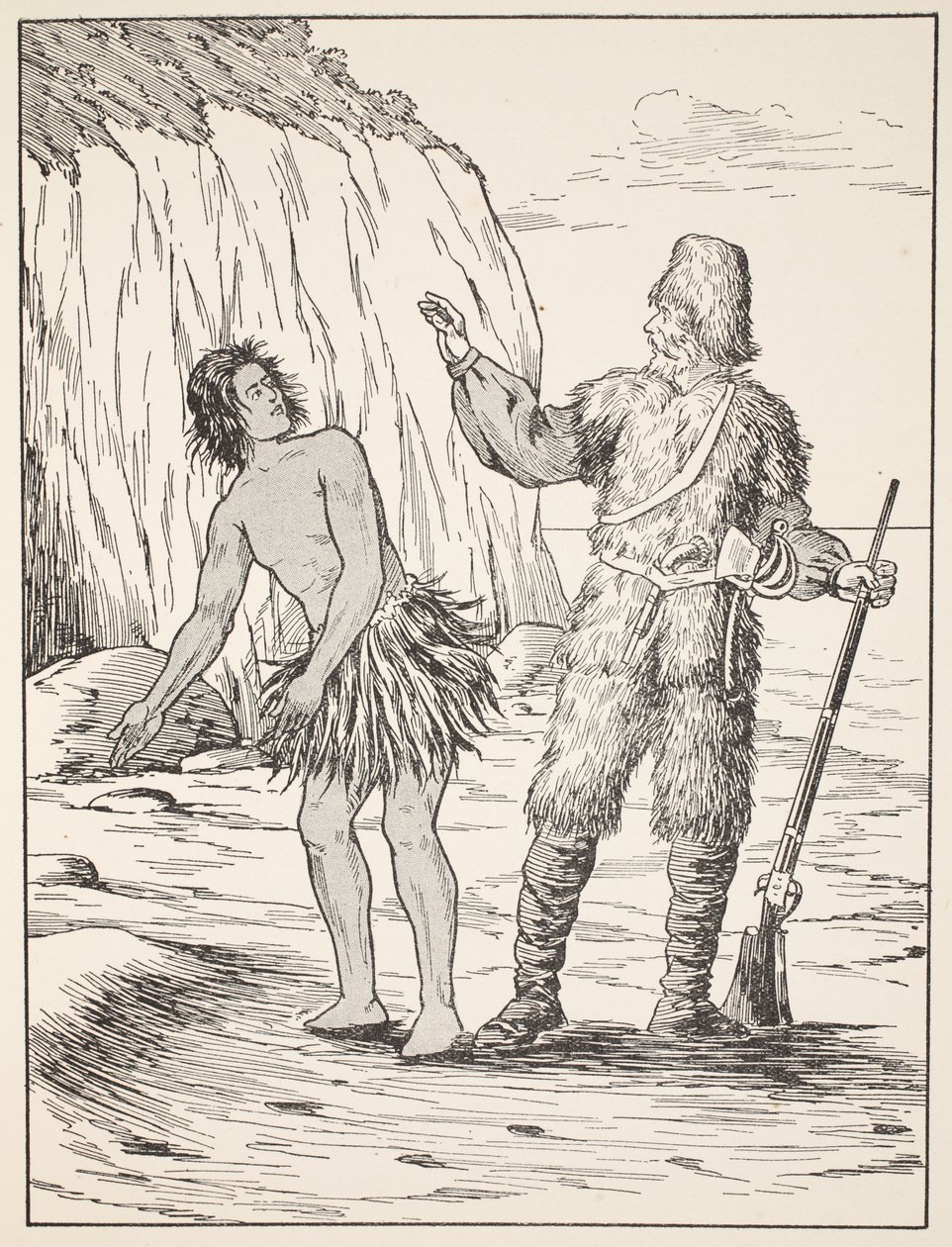 Robinson Crusoe és péntek, illusztráció a The Story of Robinson Crusoe-ból: Adaptáció gyerekeknek Defoes nyelvezetét követve, pub. Griffith Farran Browne & Co. Limited, London alkotó: English School