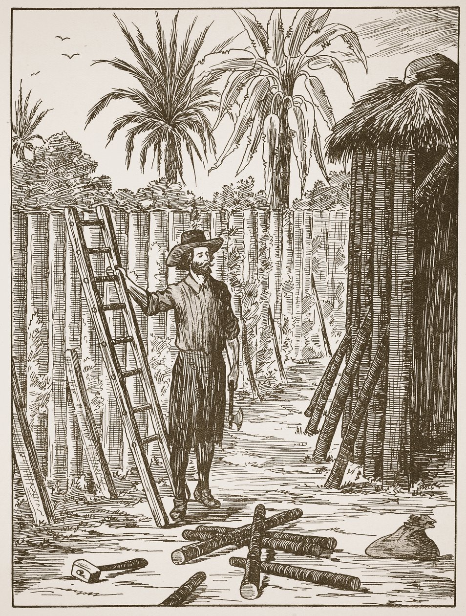 Robinson Crusoe a lugat építi, illusztráció a The Story of Robinson Crusoe-ból: Adaptáció gyerekeknek Defoes nyelvét követve, pub. Griffith Farran Browne & Co. Limited, London alkotó: English School
