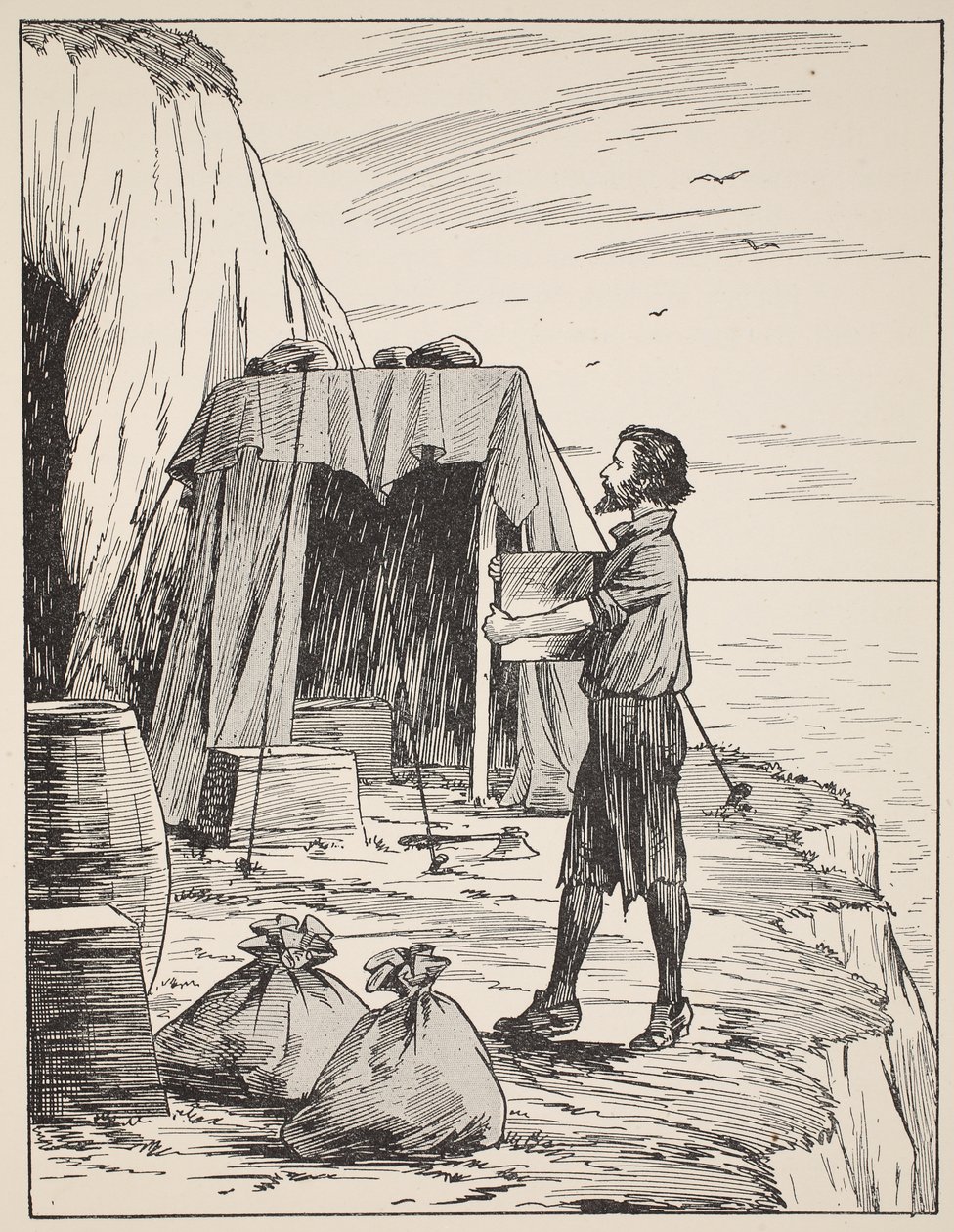 Robinson Crusoe építette menedékét, illusztráció a The Story of Robinson Crusoe-ból: Adaptáció gyerekeknek Defoes nyelvét követve, pub. Griffith Farran Browne & Co. Limited, London alkotó: English School
