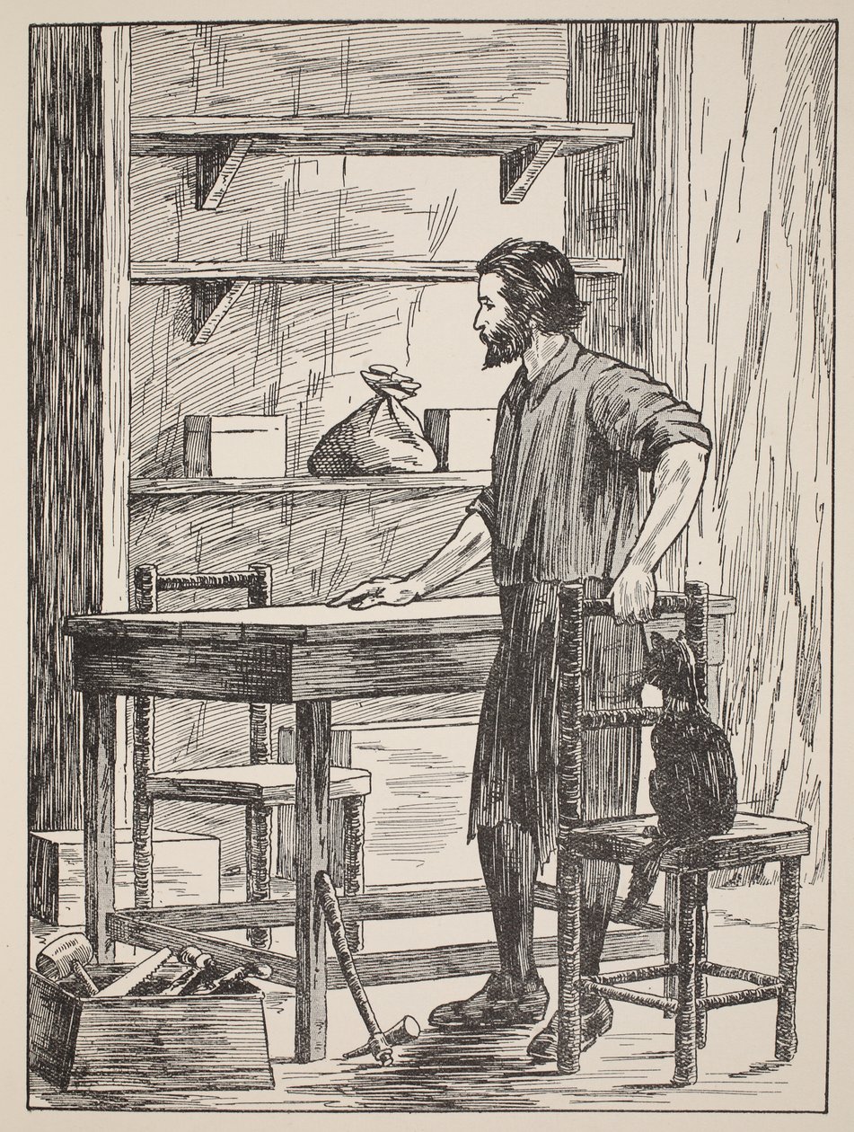 Robinson Crusoe asztalt és székeket épít a barlangjába, illusztráció a The Story of Robinson Crusoe-ból: Adaptáció gyerekeknek Defoes nyelvezetét követve, pub. írta: Griffith Farran Browne & Co. Limit alkotó: English School