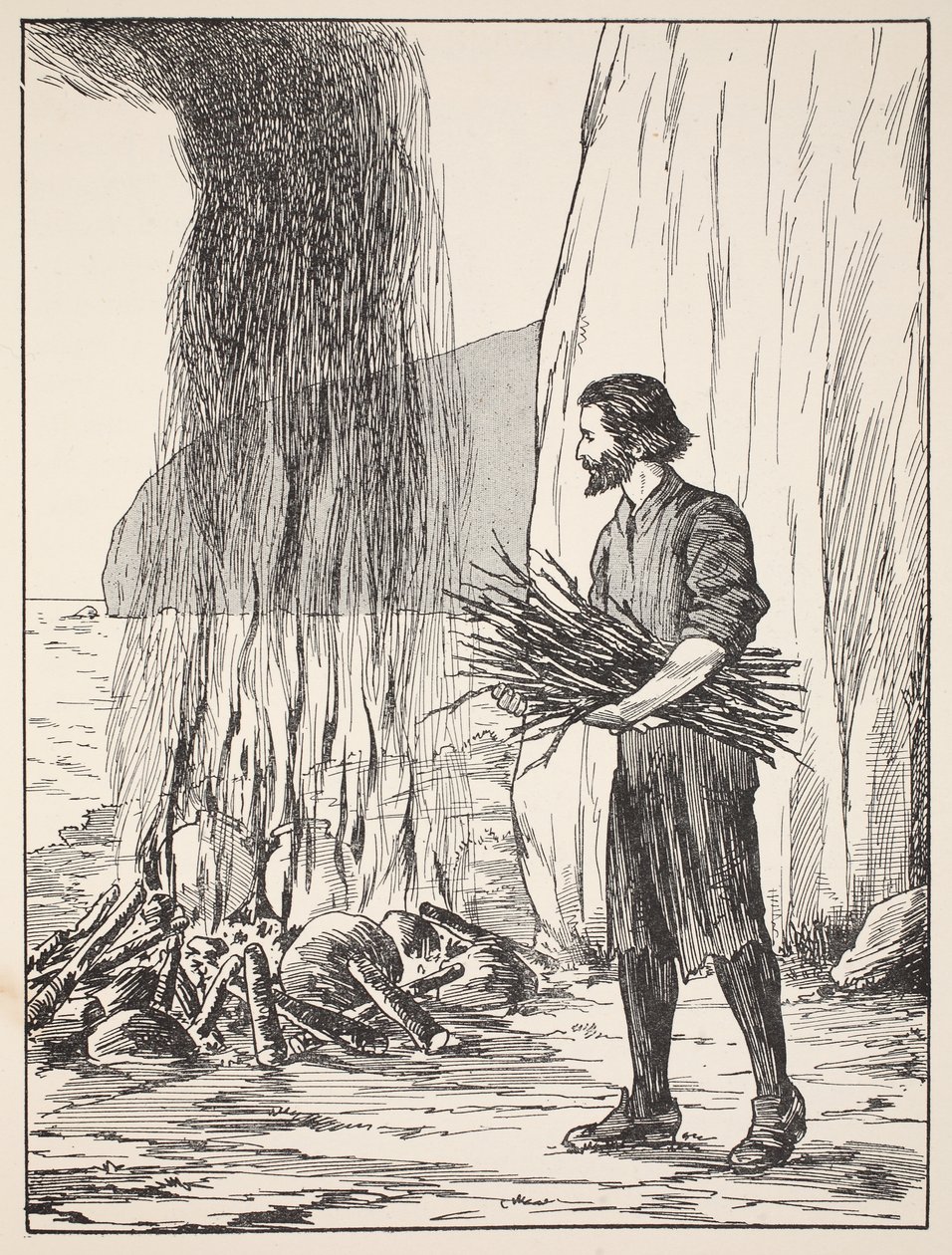 Robinson Crusoe főzés, illusztráció a The Story of Robinson Crusoe-ból: Adaptáció gyerekeknek Defoes nyelvét követve, pub. Griffith Farran Browne & Co. Limited, London alkotó: English School