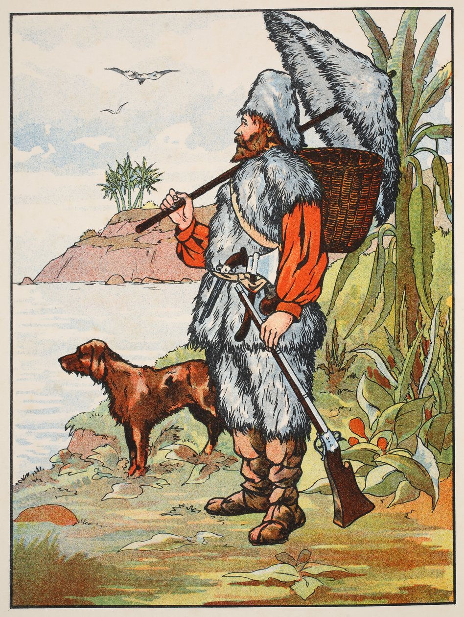 Robinson Crusoe, illusztráció a The Story of Robinson Crusoe-ból: Adaptáció gyerekeknek Defoes nyelvét követve, pub. Griffith Farran Browne & Co. Limited, London alkotó: English School